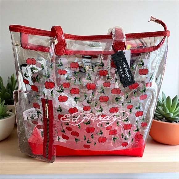 Ed Hardy Transparent Cherry Print Tote Bag - Picture 1 of 6